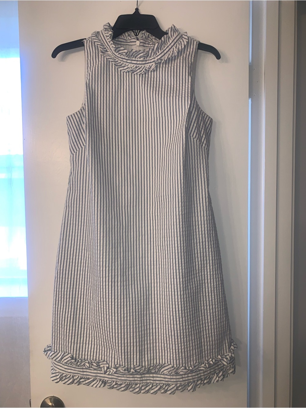 Eliza J Blue and White Striped Ruffle Neck Dress